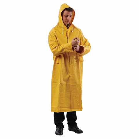 RAINCOAT YELLOW FULL LENGTH PVC HOOD STUDS ELASTIC CUFF POCKETS. LARG